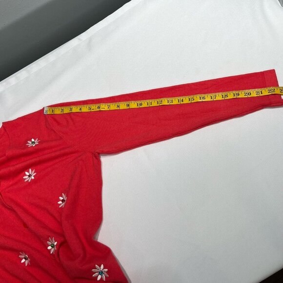 Liv Milano Coral Pink Cardigan Sweater Size M V Neck Flower Embellished Soft - Picture 8 of 13